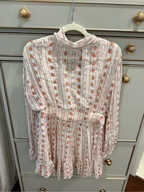 Floral Stripe High-Neck Dress - White with Coral Roses
